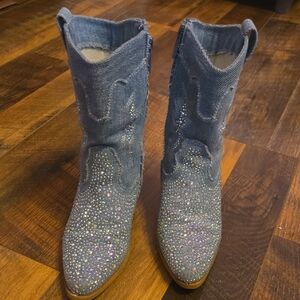 Sparkle Denim Western Ankle Boots in Blue